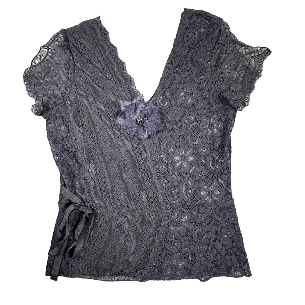 Y2K Bisou Black Lace Babydoll Top L Flutter Sleeve Whimsigoth Romantic Tie Waist